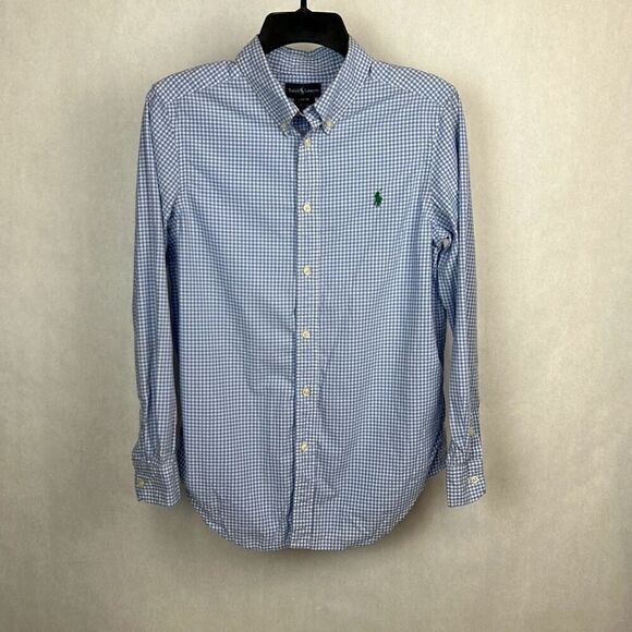 Ralph Lauren Boys Button Front Shirt Sz Large 14-16 Blue White Checked Plaid Lon - Picture 1 of 6